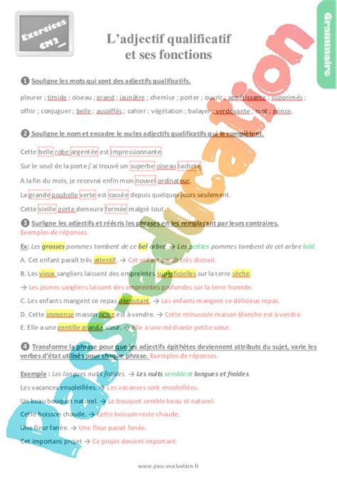 Ladjectif Qualificatif Et Ses Fonctions Examen Evaluation Et Bilan