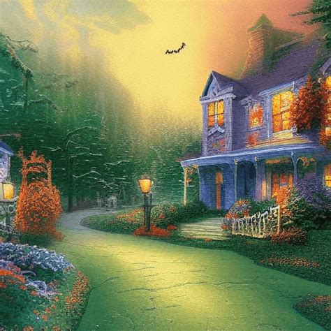 Halloween Scenery In A Daylight Watercolor Painting By Thomas Kinkade