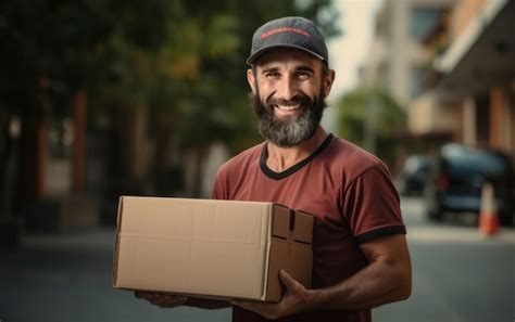 Premium Ai Image Delivery Man With Parcel Box On Street Background