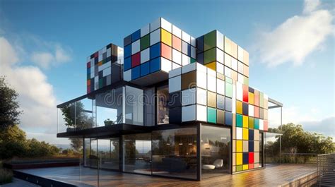 Modern Rubik S Cube Shaped House Architectural Concept Unreal Fantasy Stock Illustration