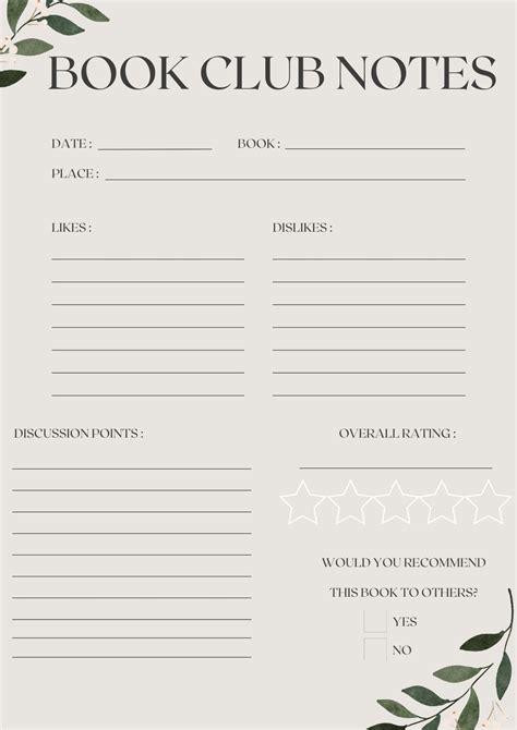 Book Club Notes Template Printable Book Review Book Log Book Notes