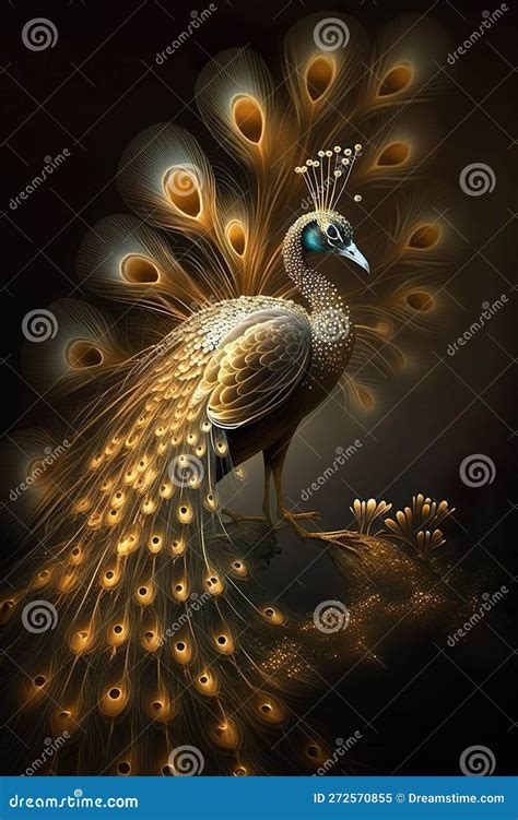 Golden Peacock Oriental Luxury Style Digital Art Stock Illustration