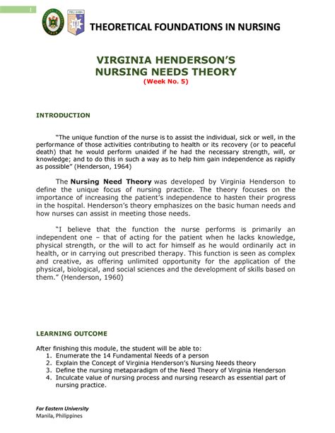 Virginia Henderson Far Eastern University Theoretical Foundations In