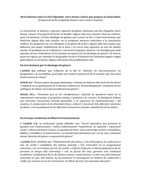 Breu Informe Sobre La Llei D Igualtat Entre Homes I Dones Que