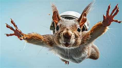 Fish Eye Photo Of Realistic Squirrel Falling With Open Arms Wearing An