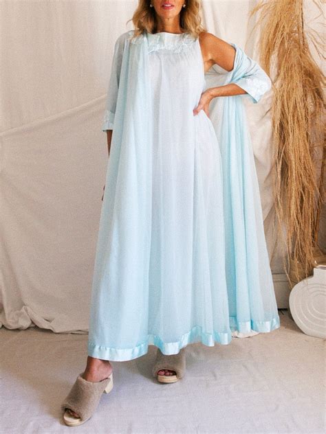 Vintage 60 S Dreamy Aqua Blue Layered Chiffon Peignoir Etsy