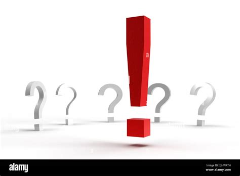 Red Exclamation Mark In Front Of A Lot Of Question Marks Stock Photo