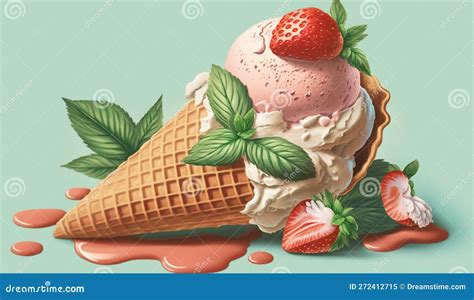 Summer Gourmet Dessert Strawberry Ice Cream Cone Generative Ai Stock