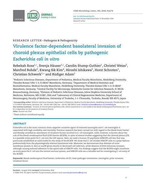 Pdf Virulence Factor Dependent Basolateral Invasion Of Choroid Plexus