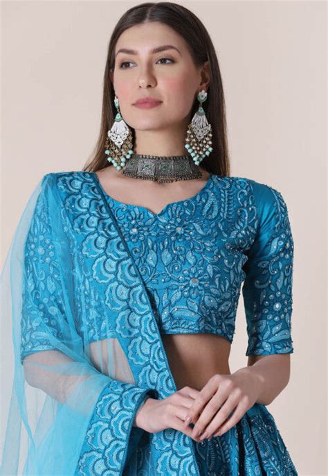 Buy Embroidered Taffeta Silk Lehenga In Turquoise Online Lbc