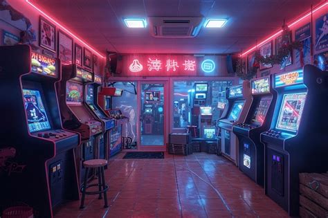 Premium Photo | Retro game room with vintage arcade machines and a neon ...