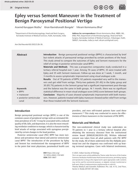 Pdf Epley Versus Semont Maneuver In The Treatment Of Benign