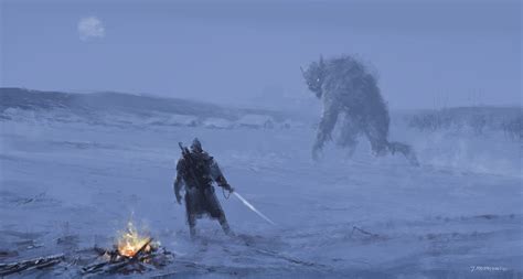 creature warrior Jakub Różalski bonfires sword snow village