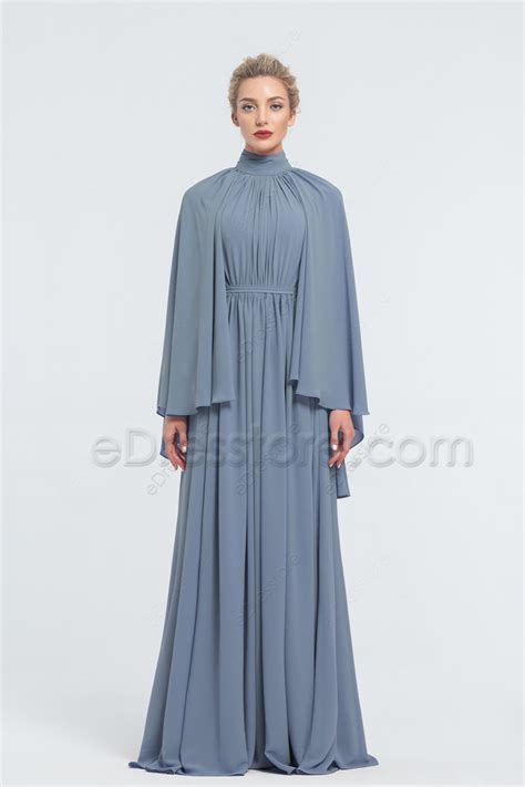 Modest Lds Steel Blue Bridesmaid Dresses Long Sleeves Edresstore