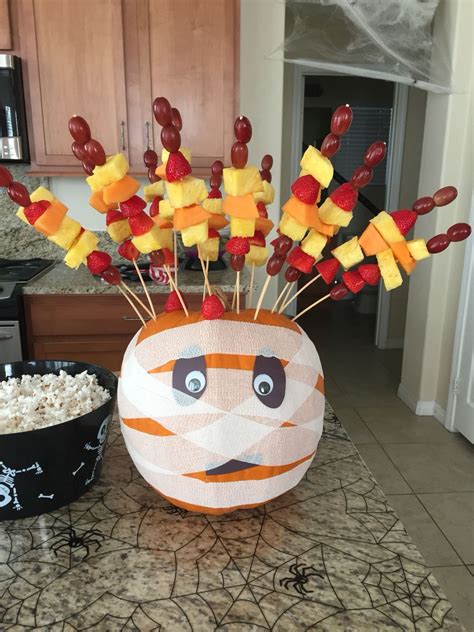 Mummy Pumpkin With Fruit Skewer Hair For Halloween Party Birthday