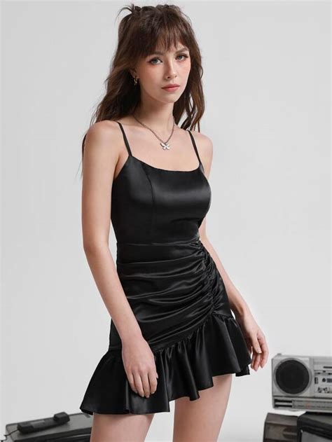 Shein Bae Ruched Ruffle Hem Satin Cami Dress Shein Usa