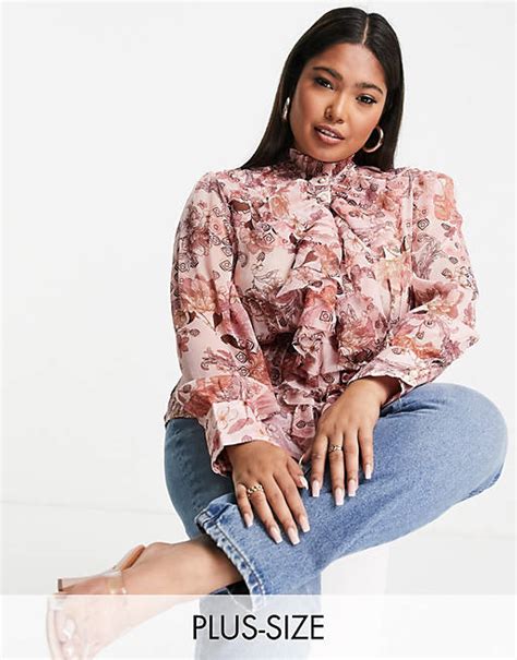 River Island Plus Floral Print Ruffle Front Blouse In Pink Asos