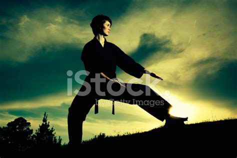 Woman In Silhouette Practicing Martial Arts Karate Sunset Out Stock