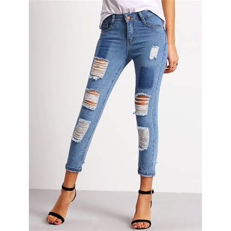 Hot Fashion Distressed Capri Jeans Ripped Denim Pants Long Skinny