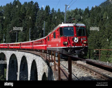 Filisur Switzerland The Rhaetian Railway Train Crossing Over The