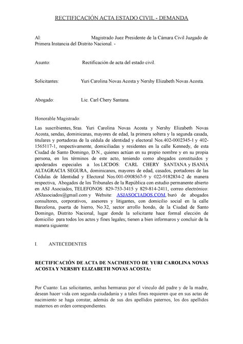 Rectificacion RECTIFICACIÓN ACTA ESTADO CIVIL DEMANDA Al