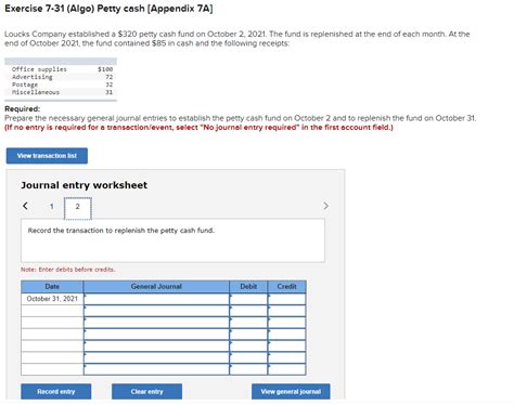 Solved Exercise 7 31 Algo Petty Cash Appendix 7A Loucks Chegg