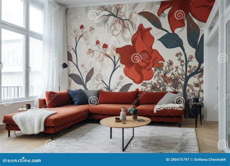 Modern Living Room Interior, Beautiful Floral Mural, Flowers on Wall ...