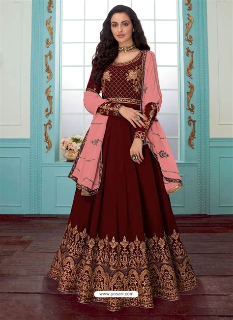 Buy Maroon Georgette Embroidered Partywear Suit Anarkali Suits