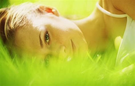 Wallpaper Greens Grass Eyes Look Girl The Sun Macro Nature For