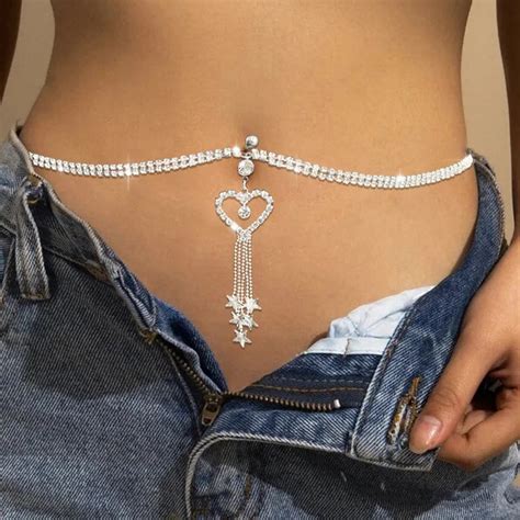 Glaming Boho Heart Dangle Rhinestone Piercing Navel Chain Belly Button