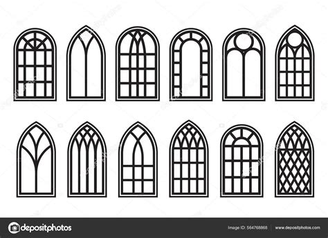 Gothic Windows Outline Set Silhouette Of Vintage Stained Glass Church