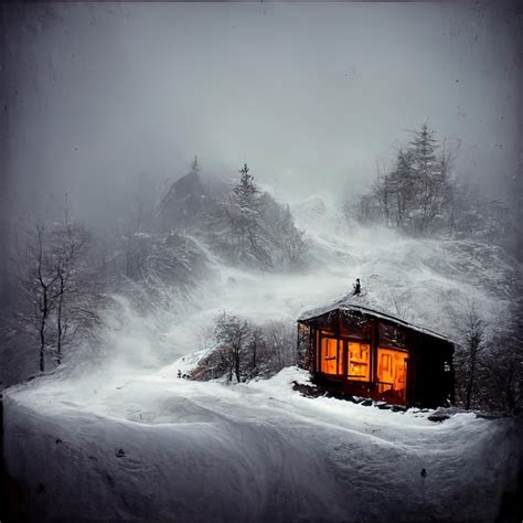 Premium Ai Image A Small Cabin On A Mountain During A Blizzard