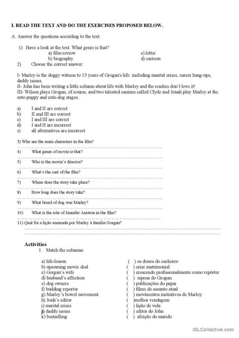 Film Rewiew Marley And Me Creative English Esl Worksheets Pdf And Doc