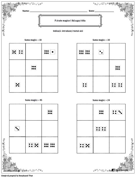 Foaie De Lucru Dice Count Magic Squares Cu Chenar Cu Stea Alb Negru