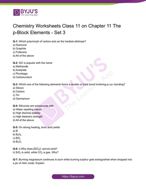 Class Chemistry Worksheet On Chapter The P Block Elements Set