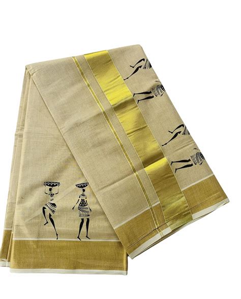 ALLUVY Womens Kuthampully Kerala Kasavu Saree Tissue Mural Painted