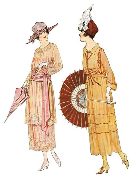 Two Women In Dresses With Umbrellas And Hats On Their Heads One Is