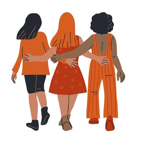 Premium Vector | Three female friends walking together view from behind ...