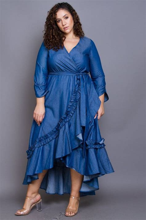 Plus Size Glam Ruffle Trim Denim Maxi Dress Plus Size Outfits Plus Size Maxi Dresses Plus