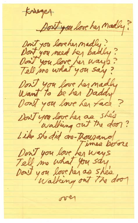 Lot Detail Jim Morrison Handwritten Love Her Madly Working Lyrics