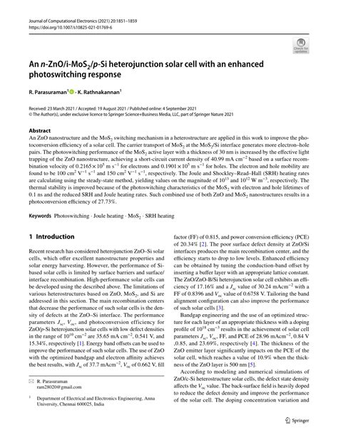 Pdf An N Zno I Mos P Si Heterojunction Solar Cell With An Enhanced