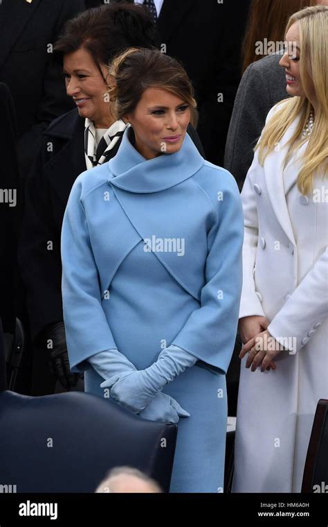 First Lady Elect Melania Trump Wearing A Ralph Lauren Powder Blue Double Face Cashmere Dress