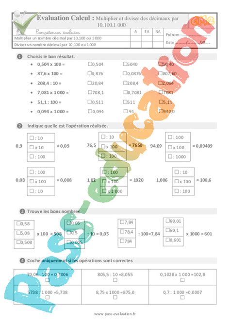 Multiplier et diviser des décimaux par 10 100 et 1000 au CM2