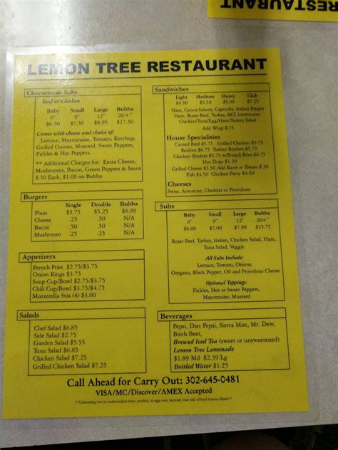 Menu at Lemon Tree Restaurant, Lewes, 416 E Savannah Rd
