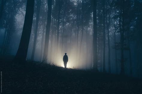 "Mysterious Haunted Forest At Night With Dark Man Silhouette" by ...