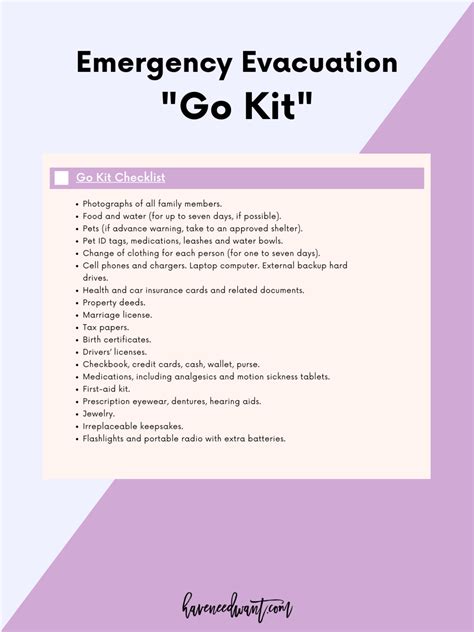 Emergency Evacuation Checklist Go Kit Have Need Want