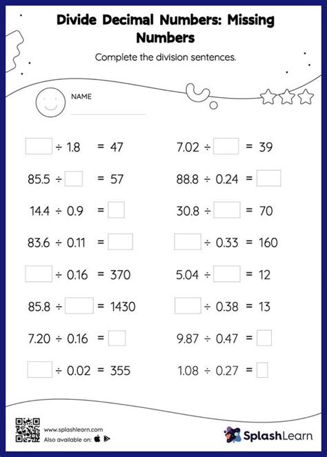 Divide Decimals By Decimals Worksheets For 5th Graders Online Splashlearn