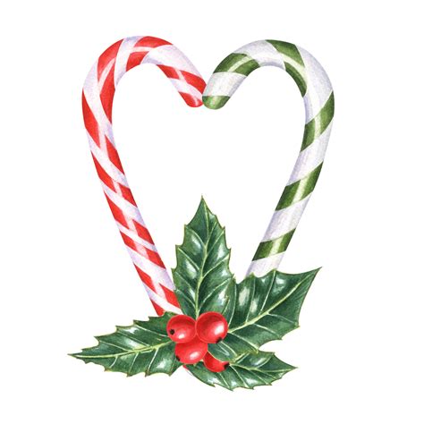 Two Christmas Candy Canes In The Shape Of Heart And Decorated With Holly And Berries Watercolor