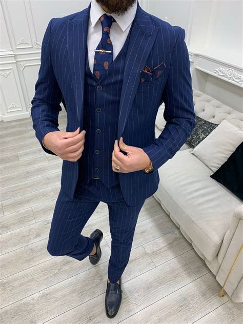 Navy Blue Slim Fit Peak Lapel Pinstripe Suit For Men Bespokedailyshop