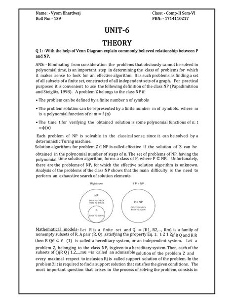 Daa Unit 6 Lecture Notes 1 6 Roll No 139 Prn 1714110217 Q 1 With The Help Of Venn